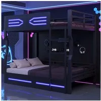 Flieks Etagenbett, Metallbett Kinderbett 140×200cm mit LED-Beleuchtung und Leiter