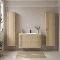 Lomadox Badmöbel-Set OLIVA-56, (Spar-Set, 2-St., Waschtisch Hochschränke), Eiche Rillen Keramik Waschbecken Metallgriffe Softclose
