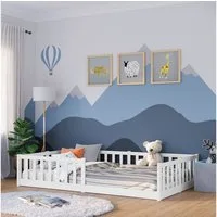 Bellabino Kinderbett Vere mit Rausfallschutz und Lattenrost (weiß, Kiefer Massivholz), Bodenbett verfügbar in 80x160 & 90/120/140x200 cm