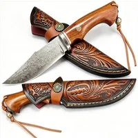 KingLux Damastmesser Damast Feststehend Jagdmesser Outdoor Camping Messer mit Lederscheide