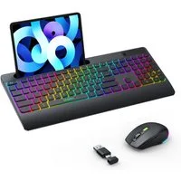 Seenda beleuchtet Tastatur Maus Set kabellos JPX006 QWERTZ Layout Tastatur- und Maus-Set, (Universeller 2-in-1-Empfänger (USB + Typ C), DPI-Stufen (800–1200–1600)mit Handballenauflage und Ständer