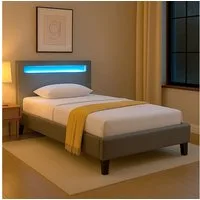 CARO-Möbel Polsterbett MANDALAY, LED Bett 90x200 cm Einzelbett mit Lattenrost und Kunstlederbezug Grau