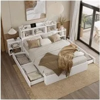 Flieks Kinderbett, Doppelbett 140x200cm mit 4 Schubladen, Ladefunktion und 2 Nachttischen