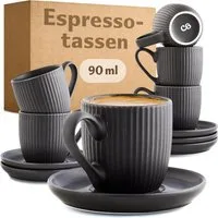 Cosumy Espressotasse Espressotassen Schwarz Matt 6er Set, 12-tlg., Keramik, Einzigartiges Streifendesign