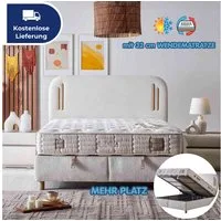 Bambi Boxspringbett mit Matratze Doppelbett Stauraumbett Wendematratze Beige Bett (Boxspringbett 180 x 200, Boxbett Set), Polsterbett Kontinentalbett, dekorativem Kopfteil