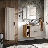 Lomadox Badmöbel-Set ADELAIDE-56-CASHMERE, (Spar-Set, 3-St., Hochschrank Waschtisch LED-Spiegel), 80cm Waschtisch mit Aufsatzbecken, kaschmir und Eiche