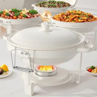 WARMOUNTS 2 Pack/4 Pack 5L White Chafing Dishes Buffet 5QT Maifanite-Coated Round Buffet Warmers Set Mirror-Polished Sta
