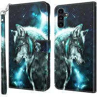 CLM-Tech Handytasche Hülle für Samsung Galaxy A54 5G Tasche aus Kunstleder Klapphülle (Wolf blau schwarz, Handyhülle Wallet Flip Case Cover Etui), Standfunktion, Kartenfächer, Magnetverschluss