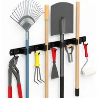 Toomoke Gartengerätehalter Gartengerätehalter Wandhaken Besenhalterung mit 4 Halter und 5 Haken, (für Besen, Mopps und Gartengeräte., 49cm*3cm,Wandhalterung,Edelstahl,platzsparend)