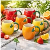 Koopman Tasse Kaffeetbecher Bunt 300ml Früchte 6 Tlg. Set, 6-tlg., Keramik, Erdbeere, Orange, Zitrone, mit Henkel