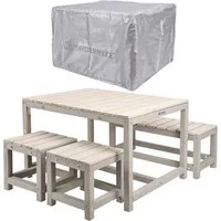 WONDERMAKE Garten-Kindersitzgruppe aus Holz ab 3 Jahre, Outdoor Indoor Kinder-Sitzgarnitur draußen grau, (2x Hocker, 1x Bank, 1x Tisch, 4-tlg), Gartenmöbel-Set Sitzgruppe Garnitur drinnen, 4 Plätze, Picknick-Gruppe