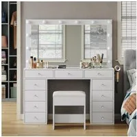 Yanosaku Schminktisch mit Spiegel & LED-Beleuchtung, 11 Schubladen & 12 dimmbaren LEDs (1-St., mit Hocker), Ideal für Make-up & Kosmetikablage, 105x40x142cm