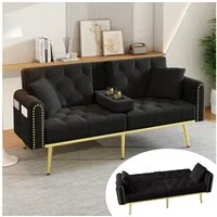 Merax Schlafsofa mit 3 verstellbaren Neigungswinkeln & ausklappbarer Liegefunktion, 2 sitzer Klappsofa Polstersofa mit bettfunktion 1 Teile, Sofa klappbar mit Getränkehalter, Zierkissen & Seitentasche, Samtbezug