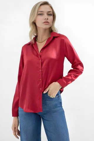Satin Langarmhemd mit Knöpfen