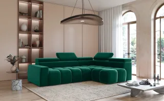 Ecksofa Designersofa DARCY in Stoff Salvador Flaschengrün Ottomane Rechts