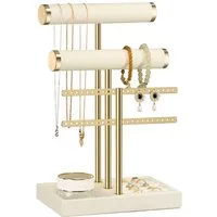 niffgaff Schmuck Etagere Schmuck-Organizer mit 3 Etagen & abnehmbarem T-Steg, Beiger Samt-Ständer für Armbänder, Halsketten, Uhren und Ringe