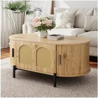 Merax Couchtisch Oval Sofatisch Skandinavisch Beistelltisch mit Rattan-Oberfläche (100 x 50 x 40 cm, 1-St), Wohnzimmertisch mit Klapptür, 2 Schiebetüren, Stauraum & Metallbeine