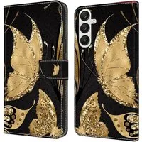 CLM-Tech Handytasche für Samsung Galaxy A16 / A17 5G Hülle aus PU-Leder Klapphülle (goldene Schmetterlinge, Handyhülle mit Standfunktion - Wallet Flip Case inklusive Kartenfächer), Cover mit Magnetverschluss