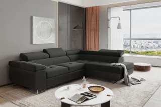 Ecksofa Sofa JADE Stoff Soft / Sawana Schwarz mit Schlaffunktion Ottomane Rechts