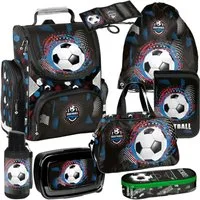 PASO Schulrucksack Mega-Set XXL Football 8 - tlg. (Rucksack + Turnbeutel + Federmäppchen + Lunchbox + Trinkflasche + Sporttasche + Etui + Geldbörse, 8-tlg), Klassen 1–4