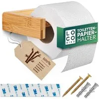 Loco Bird Toilettenpapierhalter aus Bambus und ohne Bohren (Selbstklebender Klopapierhalter Holz, Inkl. Klebeband + Schrauben), Toilettenpapier Klopapier WC Papier Halterung