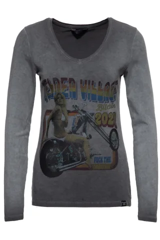 Queen Kerosin Damen Slim Fit Longsleeve mit Retro-Print und Oilwash-Effekt Velden Village 2020 anthrazit