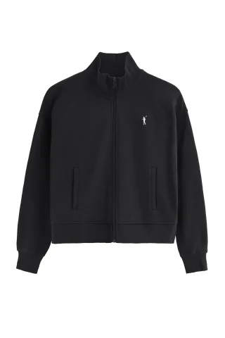 Sweatshirt schwarz mit hohem Kragen, ganzem Reißverschluss und Rigby Go-Logo