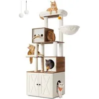 FEANDREA Kratzbaum Katzenbaum mit Katzenklo-Schrank, Kratzsäule, Plattform, waschbares Kissen, 178 /185 cm