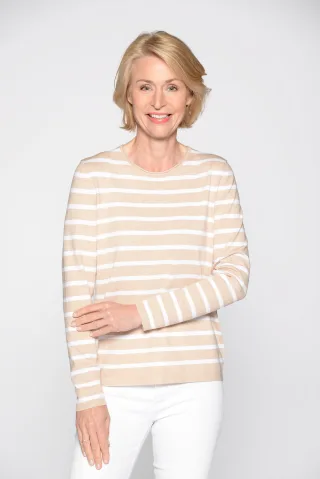 CLARINA - Rdh.-Pullover, 1/1 Arm, Ringel 202 sand mel-offwhit - Gr. - 42