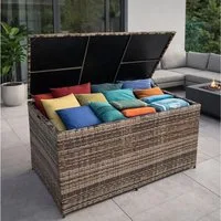ESTEXO Auflagenbox Poly Rattan 870 Liter XXL Kissenbox Aufbewahrungsbox Beige-Braun
