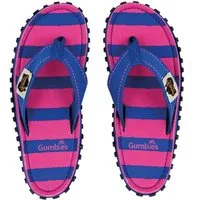 Gumbies Original in Pink & Blue Stripe T-Strap-Zehentrenner aus recycelten Materialien hergestellt, stabile Gummisole