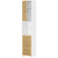 MSMASK Hochschrank Badezimmerschrank Standschrank mit 2 offenen Regalen und 2 Bambustüren 30 × 32 × 190 cm