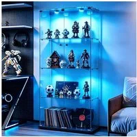 Simurq Glasvitrine Standvitrinen mit LED Beleuchtung Vitrinenschrank mit Glastür (glas vitrine mit 2 Glastür und 4 Lagen,Schloss,Kippsicherung) Sammlervitrine aus gehärtetes Glas,Modernes rahmenloses Design