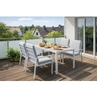 MeXo Gartenlounge-Set Gartenmöbel Set Aluminium Outdoor, (Garten-Essgruppe für 4 Personen, 5-tlg., mit Polywood Tisch & Auflagen), wetterfest für Terrasse & Garten