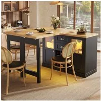 Flieks Kücheninsel Küchenschrank mit 360° drehbarer und klappbarer Arbeitstisch, (Holzoptik Tischplatte Tiefe 40-80cm, Längenverstellbar 120-197cm), ausziehbarer Esstisch & Mehrzweckschrank mit Led-Beleuchtung Schwarz