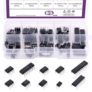 85Pcs Integrated Circuit Assortment Kit LM324 LM358 LM386 NE555 UA741 PC817 ULN2003 with Anti-Static Box for PCB Electro