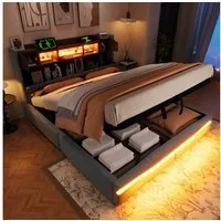 Merax Polsterbett (Stauraumbett aus Leinenstoff, 1-tlg., Kopfteil mit Ablage), Hydraulisches Doppelbett 160x200cm mit LED Ladefunktion Ablagefächern