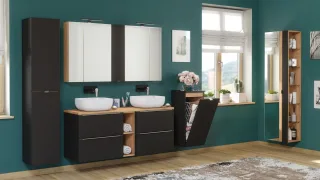 Badmöbel Set 12-tlg Badezimmerset PERUGIA Schwarz Inkl. Waschbecken