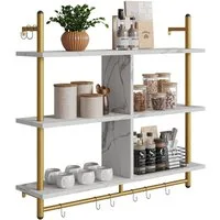 Bestier Wandregal Schweberegale, Küchenregal, Wandmontage, 3 Etagen – 105 x 96 x 23.8 cm, Vintage Holzregal 8-tlg., mit 8 Haken für Küche, Bad, Schlafzimmer