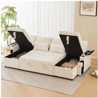 i@home Ecksofa Umwandelbares U Form Schlafsofa mit Schlaffunktion, mit Armlehnen Stauraum und Getränkehalter,Beige/Grau, 272*131*84cm