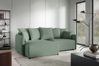 Ecksofa Schlafsofa Sofa MINEA in Stoff Abriamo Hellgrün Ottomane Links