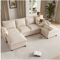 Merax Ecksofa U-Form Sofa, 4-Sitzer Cloud-Sofa mit 2 Fußhockern, mit Bettkasten, 1 Teile, Modulares Ecksofa, Chenille Couch Mit Stauraum, Soffa, Wohnzimmersofa