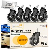 TPFLiving Stuhlrolle TPFLiving Bürostuhlrollen - Stuhlrollen Premium - 10 Jahre Garantie, (5-St., 5er Set Rollen für Bürostuhl 10x22mm - Invictus ProGlide transparent), Von uns entwickelt für höchste dynamische Belastungen bis 400 kg