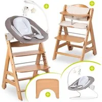 Hauck Hochstuhl Beta Plus Natur - Newborn Set Deluxe, Holz Babystuhl ab Geburt, Aufsatz für Neugeborene, Sitzkissen, Tisch