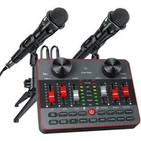 Tenlamp Podcast-Mikrofon-Set mit Soundkarte, Audio-Mixer für PC/Telefon Soundkarte 5.1 Kanäle, Set mit 2 Kondensatormikrofonen, Sprachwechsler, Rauschunterdrückung