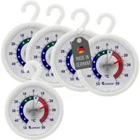 Lantelme Kühlschrankthermometer 5 Stück Set mit Haken und selbstklebend Gefrierschrankthermometer, 5-tlg., Analog Kühlschrank Thermometer Klebepads im Set, Deutsche Herstellung, Temperaturanzeige + - 50°C