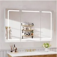 GUNJI Badezimmerspiegelschrank Badezimmerspiegelschrank 3-Türer, LED-3 Farben, Entnebelung (mit geteilten Fächern, Steckdose, Touchschalter & Helligkeitsregelung)