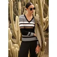 MADELEINE Strickpullover Viskosepullover mit Streifen-Muster Streifenpullover mit V-Ausschnitt, Rippenblenden und Langarm