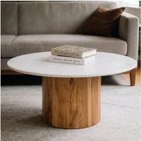 IDIMEX Couchtisch GANGA, Wohnzimmertisch rund 80 cm, mit Marmorplatte und Akazie Weiß/Natur