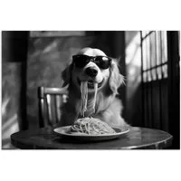 MuchoWow Poster Golden Retriever - Hund - Fröhlich - Teller Spaghetti - Schwarz - Weiß, (1 St), Poster ohne Rahmen, Wandbild, Wandposter, 30x20 cm
